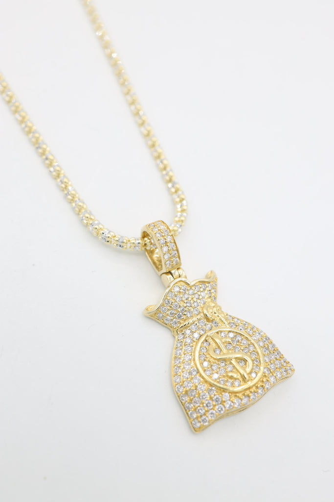 *NEW* 14k MoneyBag Diamond Pendant💎 With Moon Iced Chain JTJ™ - - Javierthejeweler
