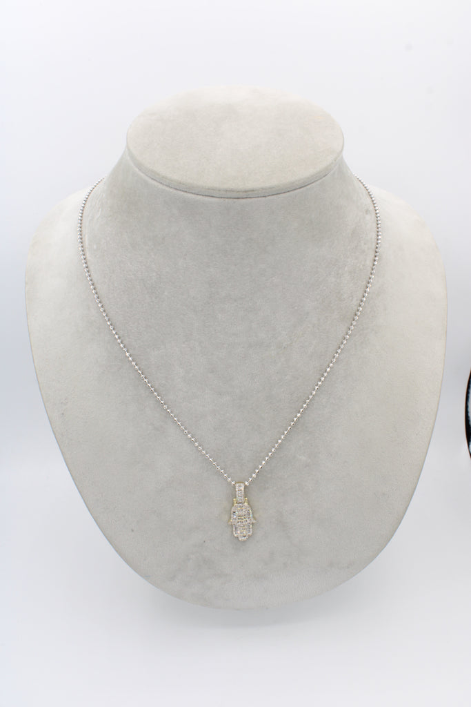 *NEW* 14k Hamsa Eyes Small Baguette  Diamond Pendant 💎 Moon Cut Chain White Gold JTJ™ - - Javierthejeweler
